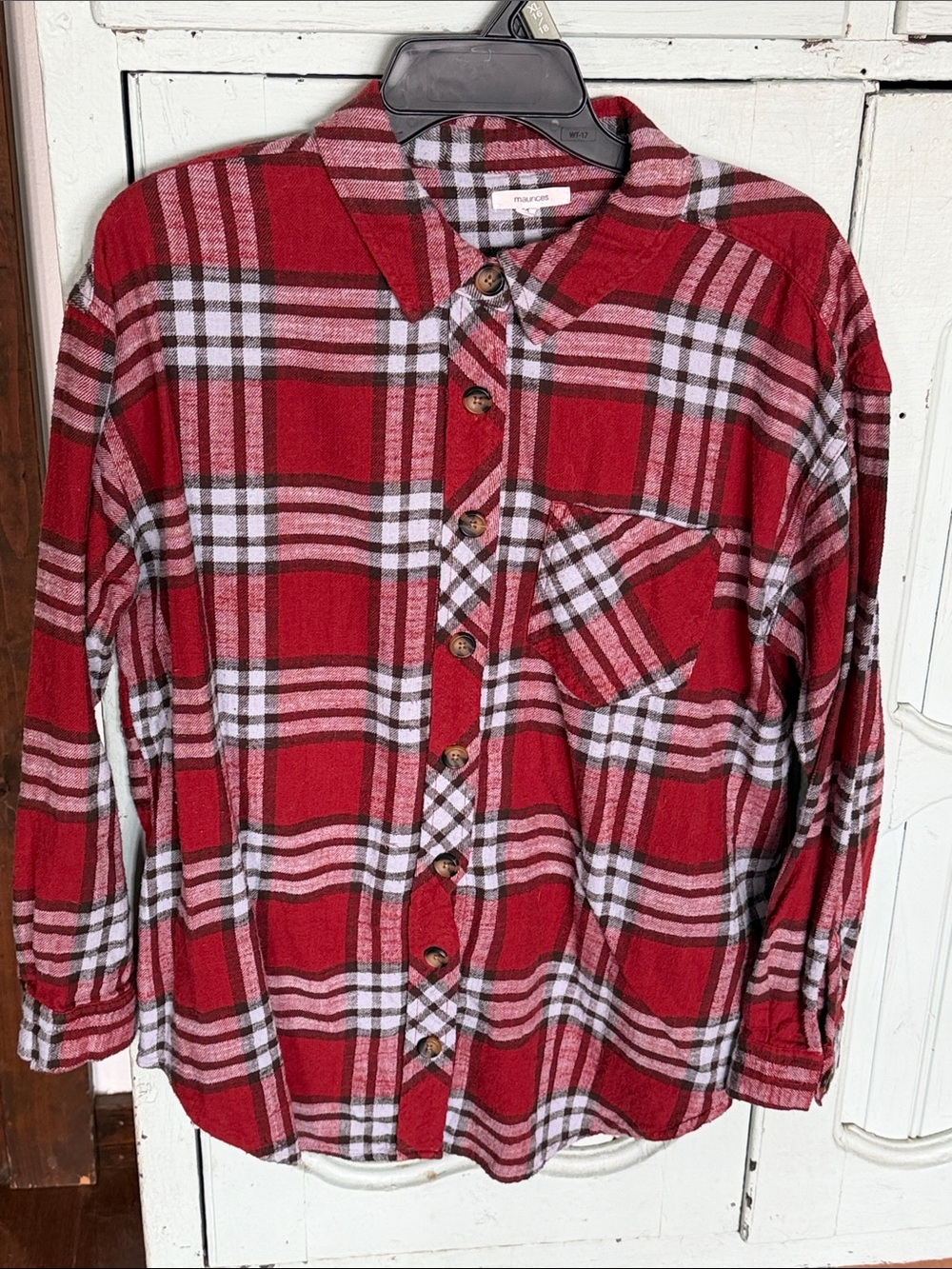 Maurices Red and Light Blue Plaid Button-Up Flannel Shirt